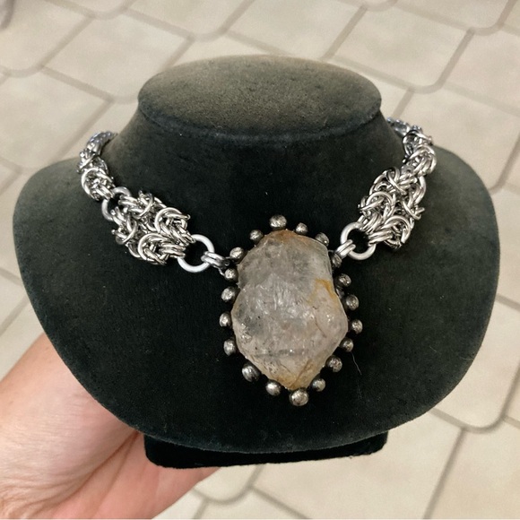 Big herkimer diamond crystal on handmade maille stainless steel chain boho goth - Picture 13 of 13